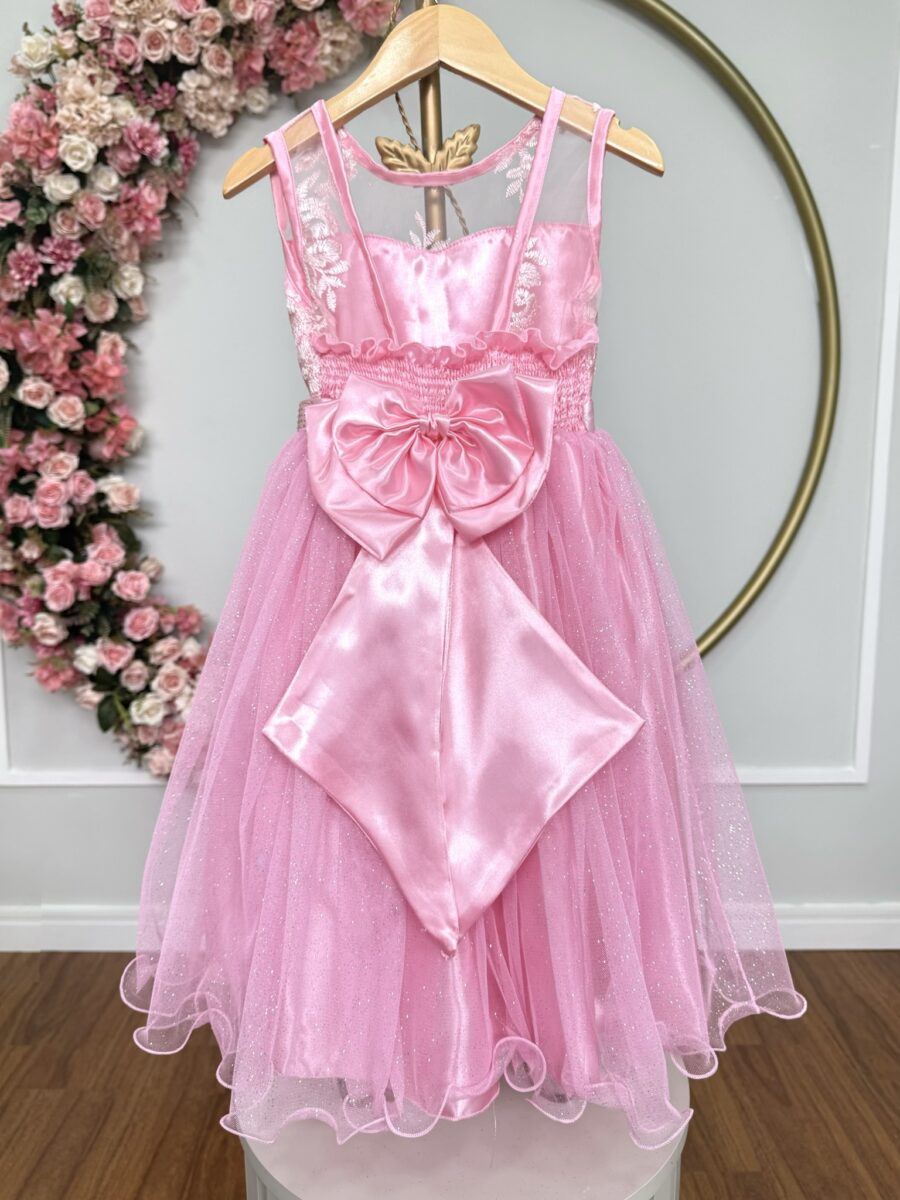 Vestido Infantil Rosa com Renda e Tule Glitter Daminha