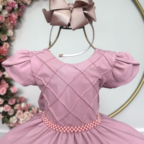 Vestido Infantil Rose Busto Nervura Festa Daminha