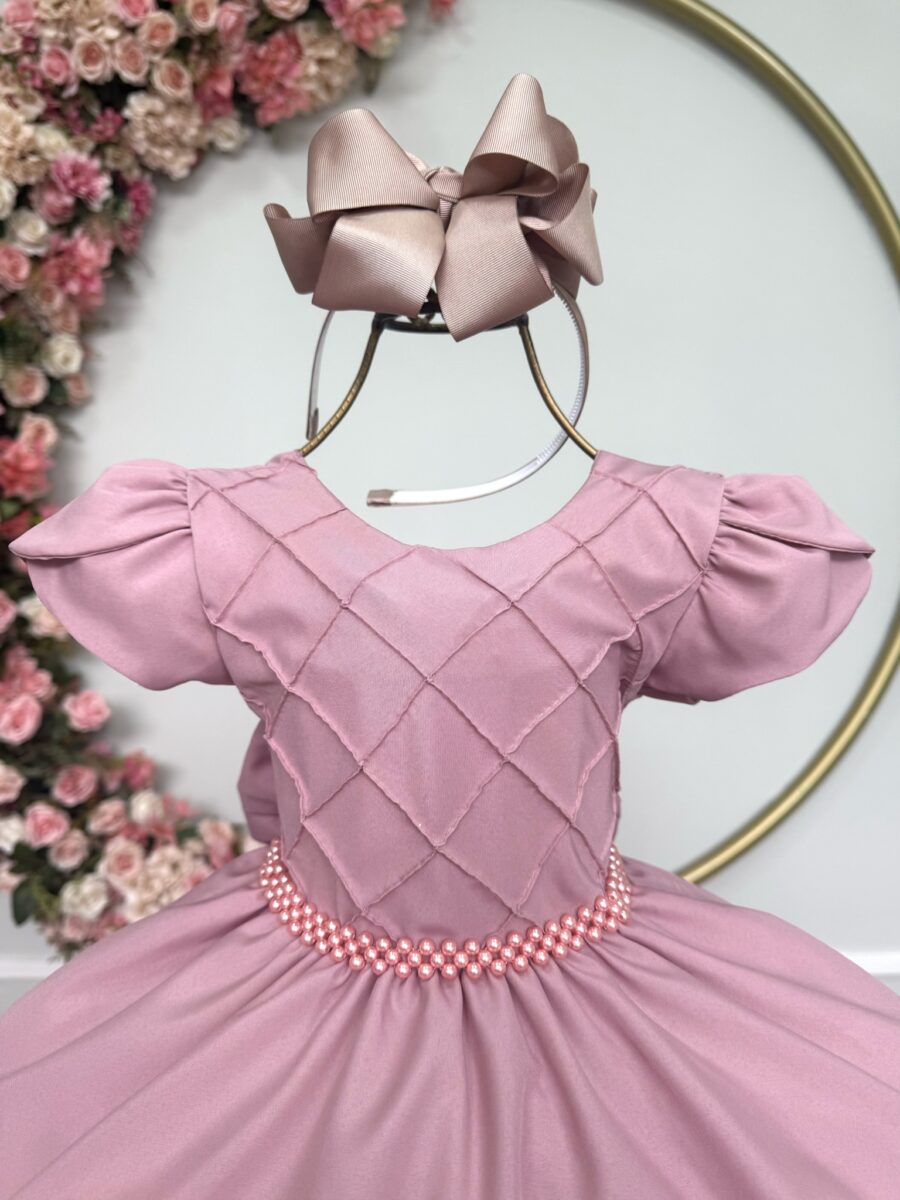 Vestido Infantil Rose Busto Nervura Festa Daminha