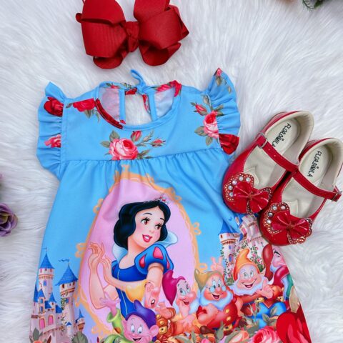 Vestido Infantil Branca de Neve Trapézio Manga Flu-Flu