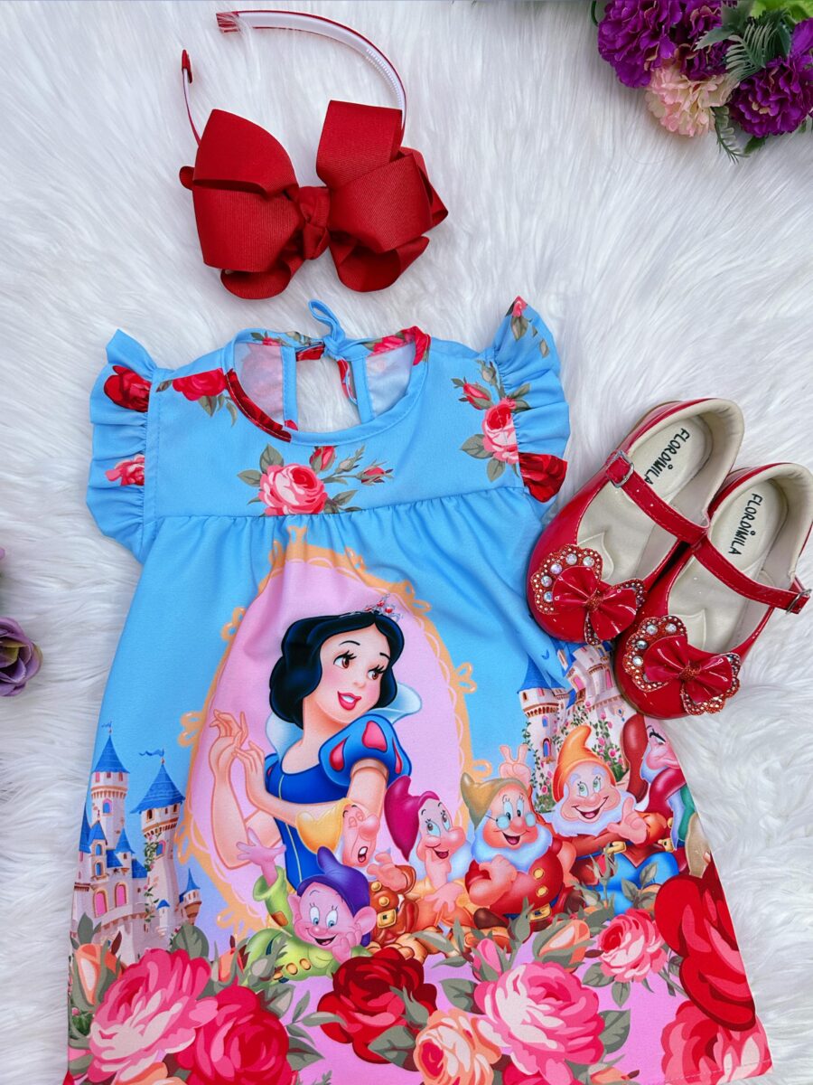 Vestido Infantil Branca de Neve Trapézio Manga Flu-Flu