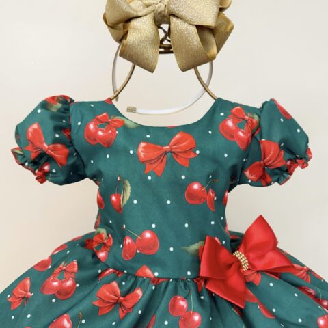 Vestido Infantil Verde Estampa Cereja com Broche de Laço