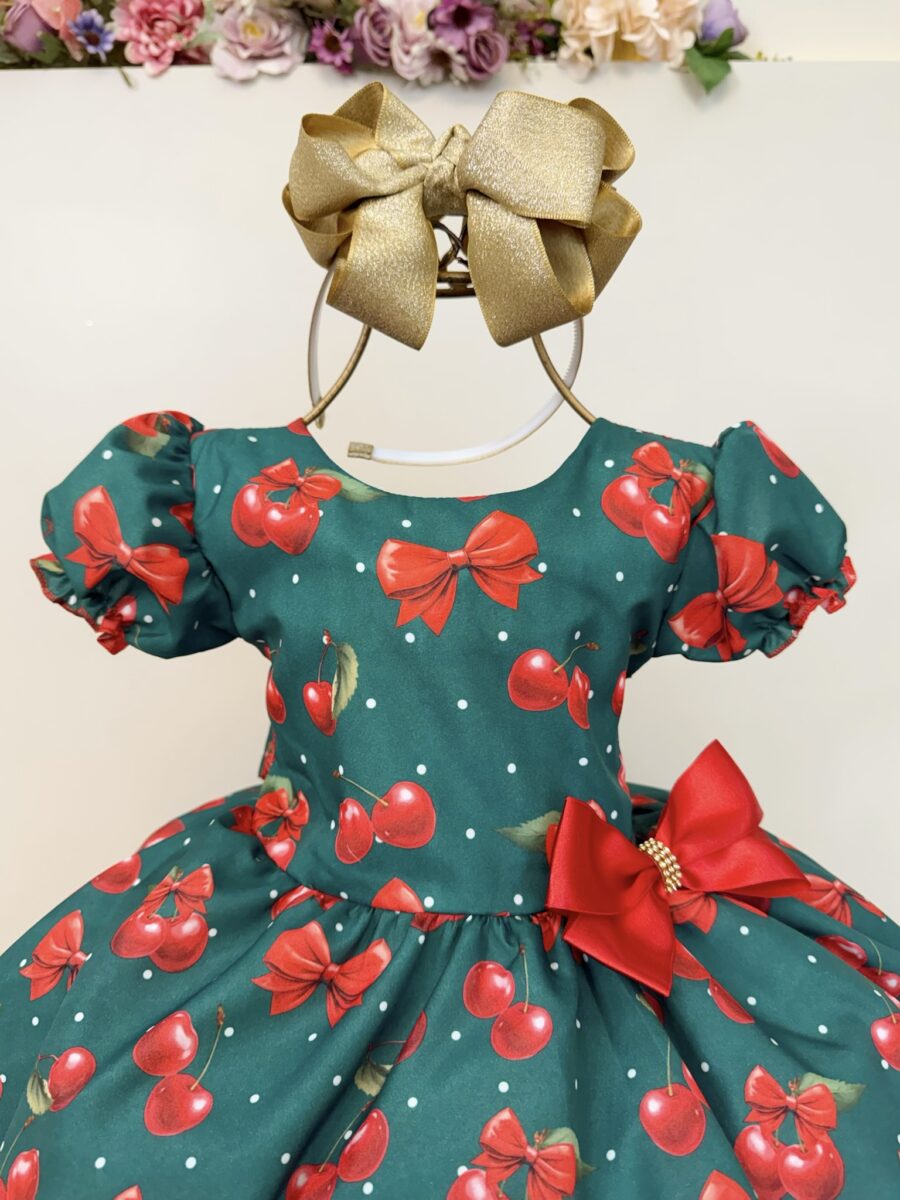 Vestido Infantil Verde Estampa Cereja com Broche de Laço