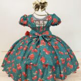 Vestido Infantil Verde Estampa Cereja com Broche de Laço