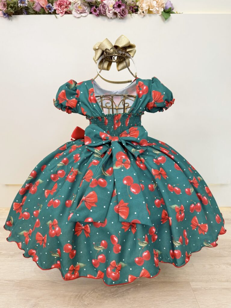 Vestido Infantil Verde Estampa Cereja com Broche de Laço