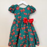 Vestido Infantil Verde Estampa Cereja com Broche de Laço