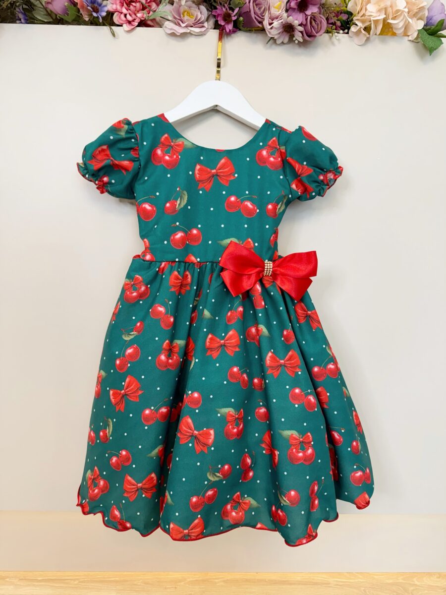 Vestido Infantil Verde Estampa Cereja com Broche de Laço