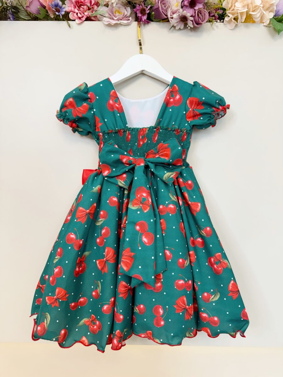 Vestido Infantil Verde Estampa Cereja com Broche de Laço