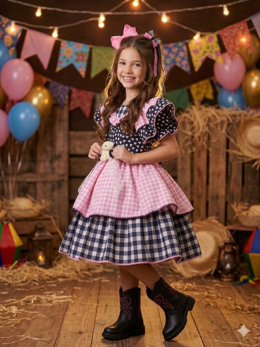 Vestido Junino Infantil Marie Ursinho do Sertão Preto