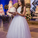 Vestido Longo Infantil Olivia Marie Branco Tafetá e Tule