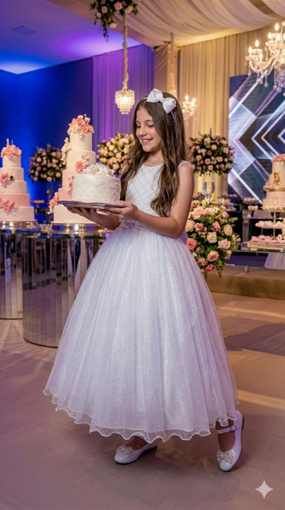 Vestido Longo Infantil Olivia Marie Branco Tafetá e Tule