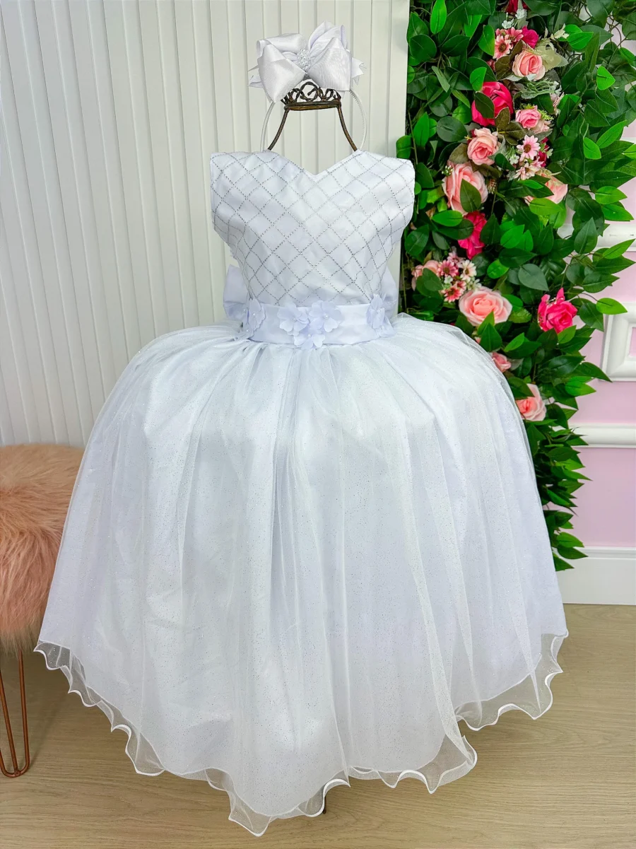 Vestido Longo Infantil Olivia Marie Branco Tafetá e Tule