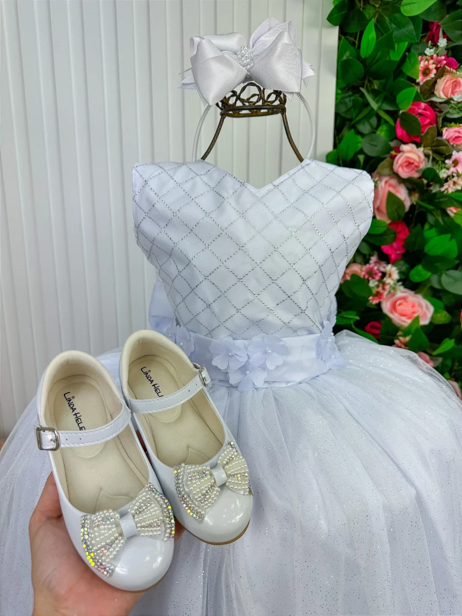 Vestido Longo Infantil Olivia Marie Branco Tafetá e Tule