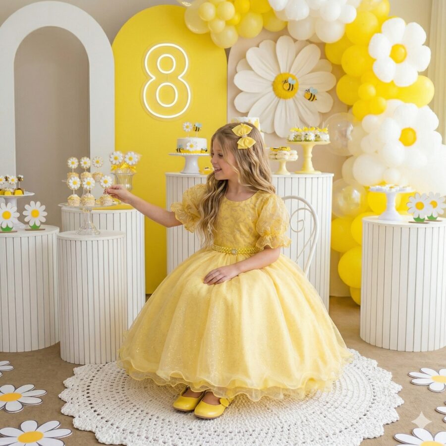 Vestido Infantil Bella Child Laize Amarelo Tule e Renda