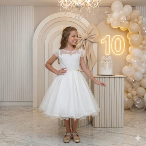 Vestido Infantil Isabela Mini Miss Off-white Tule Micro Poá