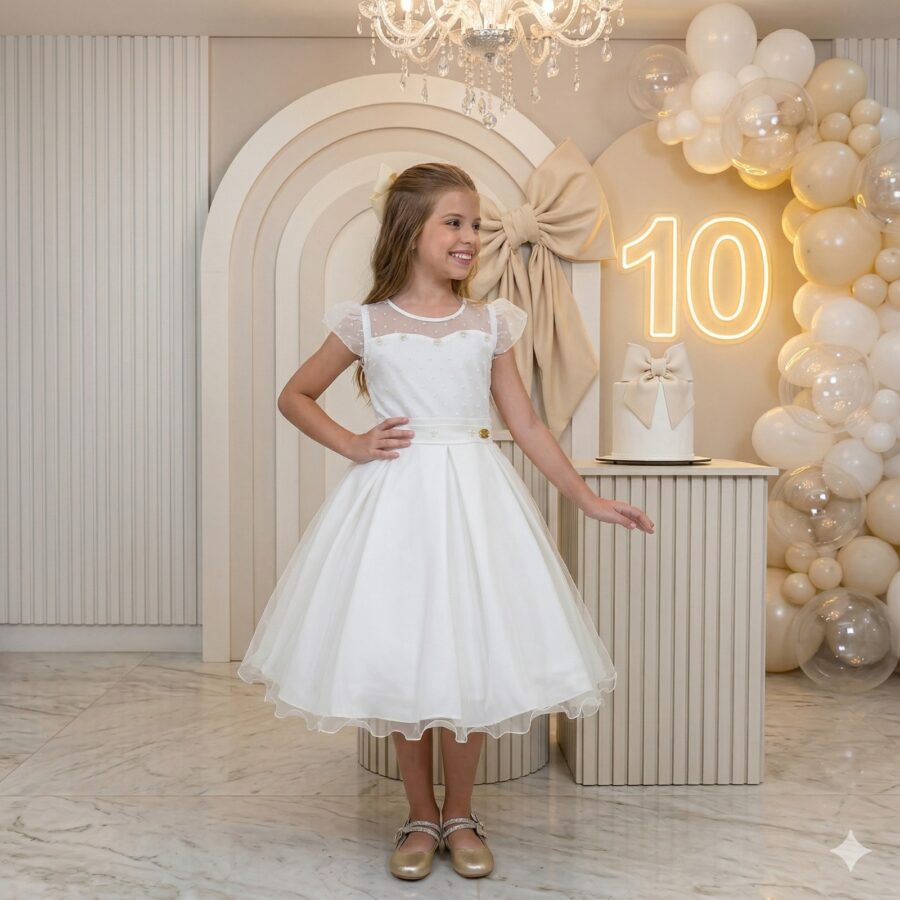 Vestido Infantil Isabela Mini Miss Off-white Tule Micro Poá