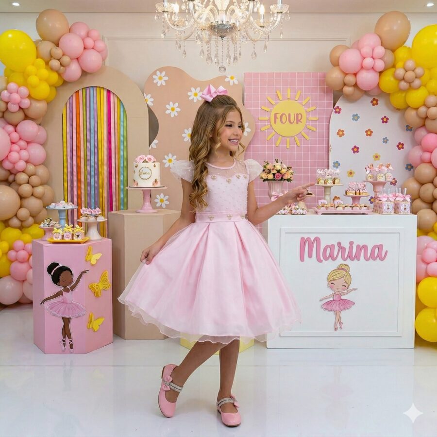Vestido Infantil Isabela Mini Miss Rosa Tule Micro Poá