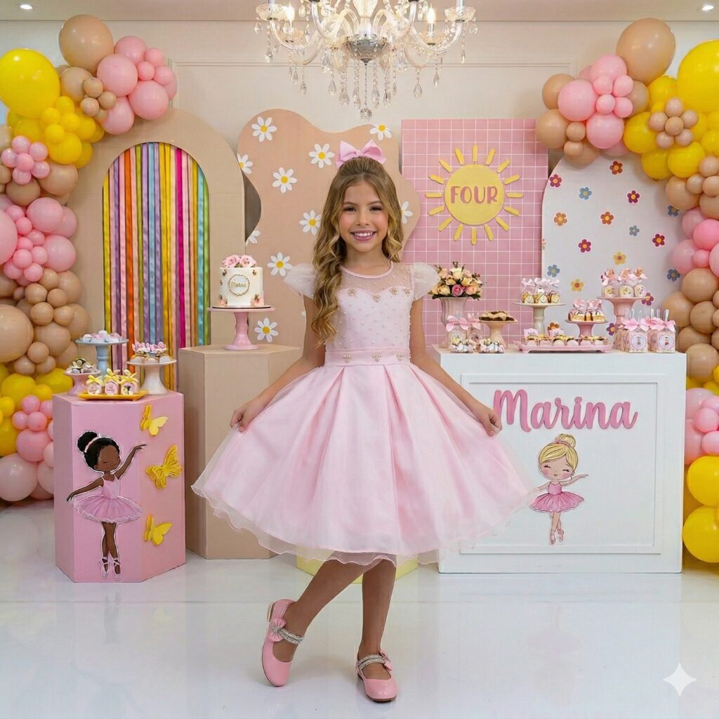 Vestido Infantil Isabela Mini Miss Rosa Tule Micro Poá