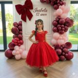 Vestido Infantil Isabela Mini Miss Vermelho Tule Micro Poá