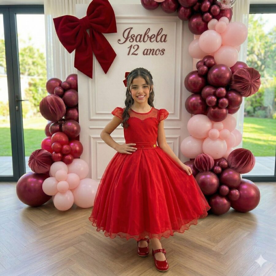 Vestido Infantil Isabela Mini Miss Vermelho Tule Micro Poá