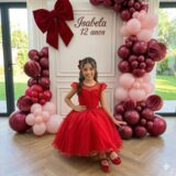 Vestido Infantil Isabela Mini Miss Vermelho Tule Micro Poá