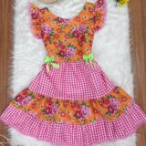 Vestido Junino Adulto Caipira Laranja Florido Xadrez Rosa