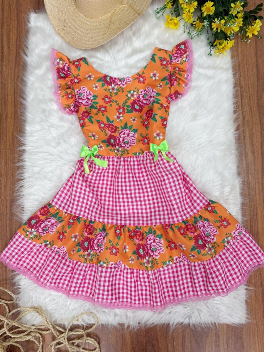 Vestido Junino Adulto Caipira Laranja Florido Xadrez Rosa