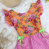 Vestido Junino Adulto Caipira Laranja Florido Xadrez Rosa
