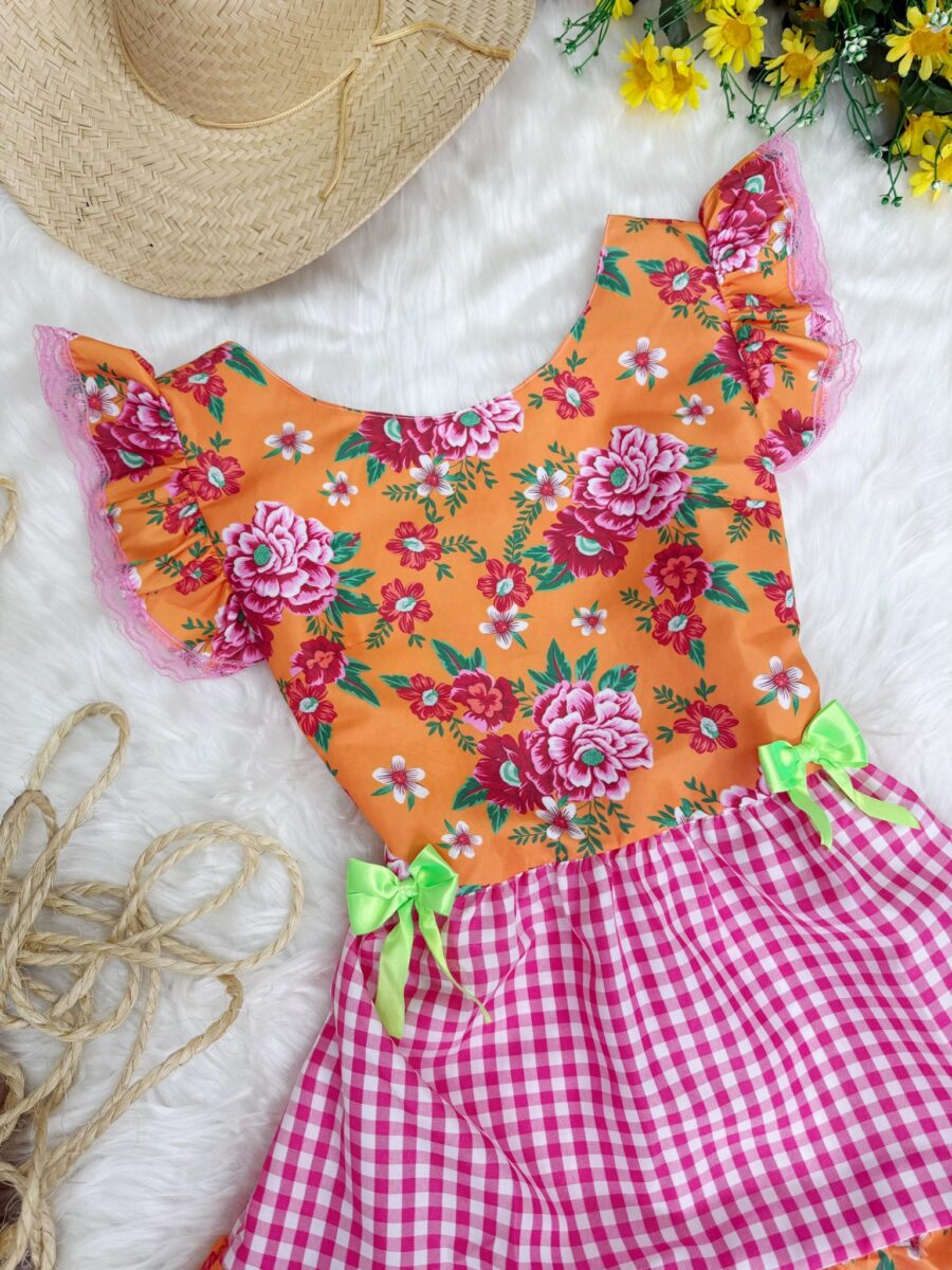 Vestido Junino Adulto Caipira Laranja Florido Xadrez Rosa