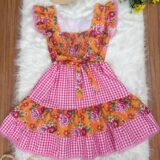 Vestido Junino Adulto Caipira Laranja Florido Xadrez Rosa