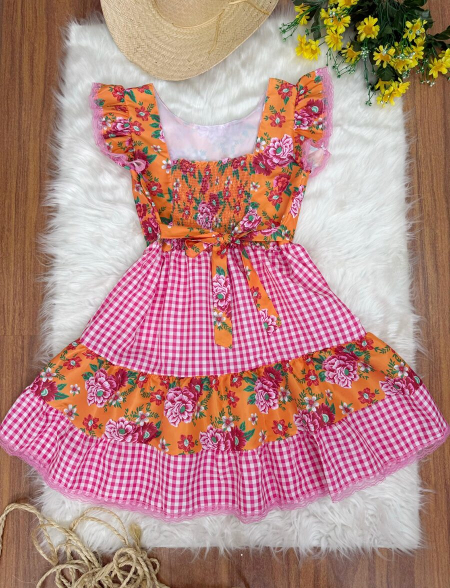 Vestido Junino Adulto Caipira Laranja Florido Xadrez Rosa