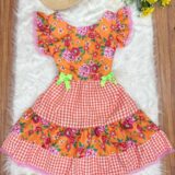Vestido Junino Adulto Caipira Xadrez Laranja Florido