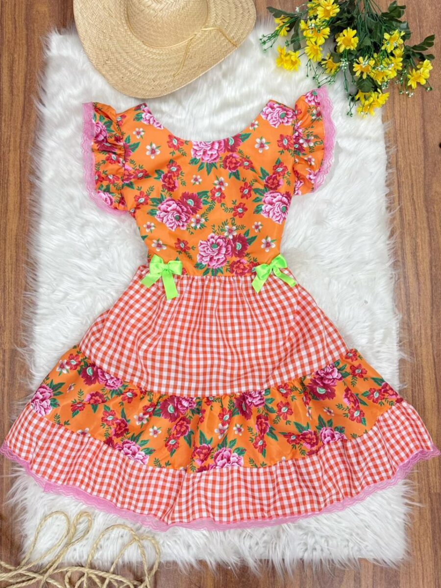 Vestido Junino Adulto Caipira Xadrez Laranja Florido