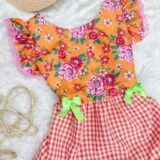 Vestido Junino Adulto Caipira Xadrez Laranja Florido