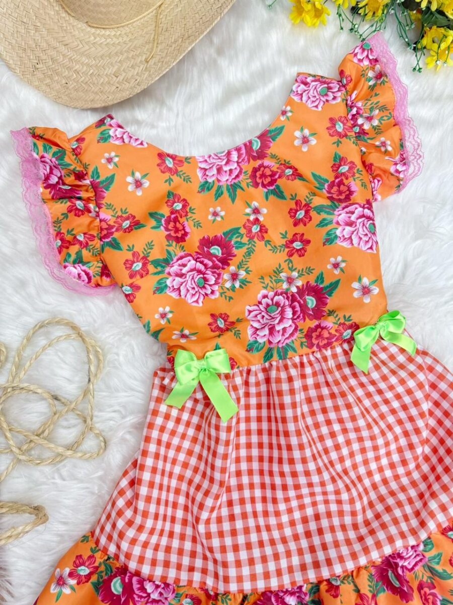 Vestido Junino Adulto Caipira Xadrez Laranja Florido