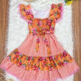 Vestido Junino Adulto Caipira Xadrez Laranja Florido