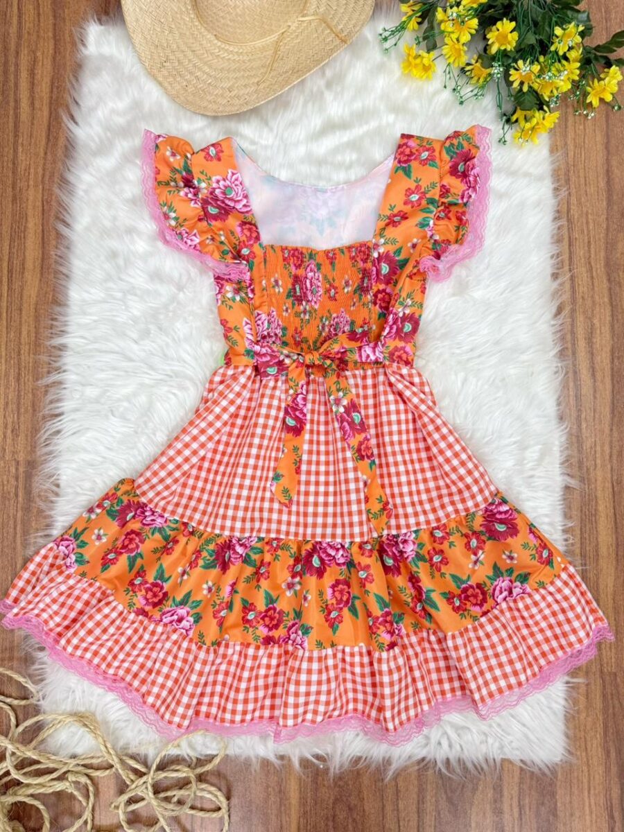 Vestido Junino Adulto Caipira Xadrez Laranja Florido