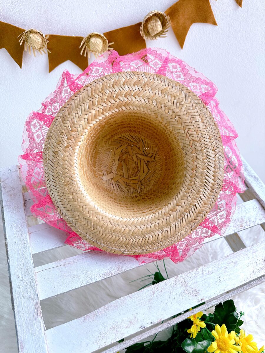 Chapéu de Palha Infantil Junino com Renda Rosa