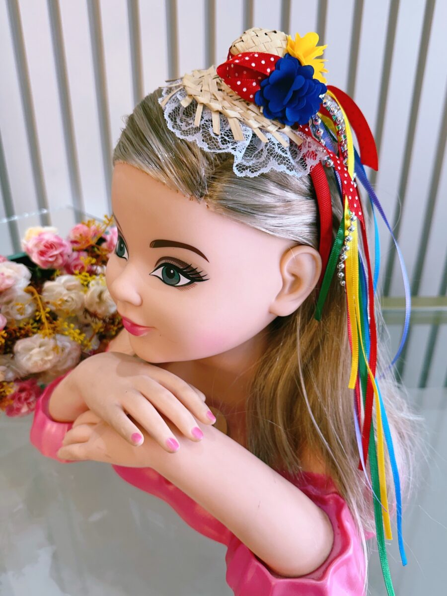 Tiara Infantil Junina com Florzinhas e Fitas de Cetim