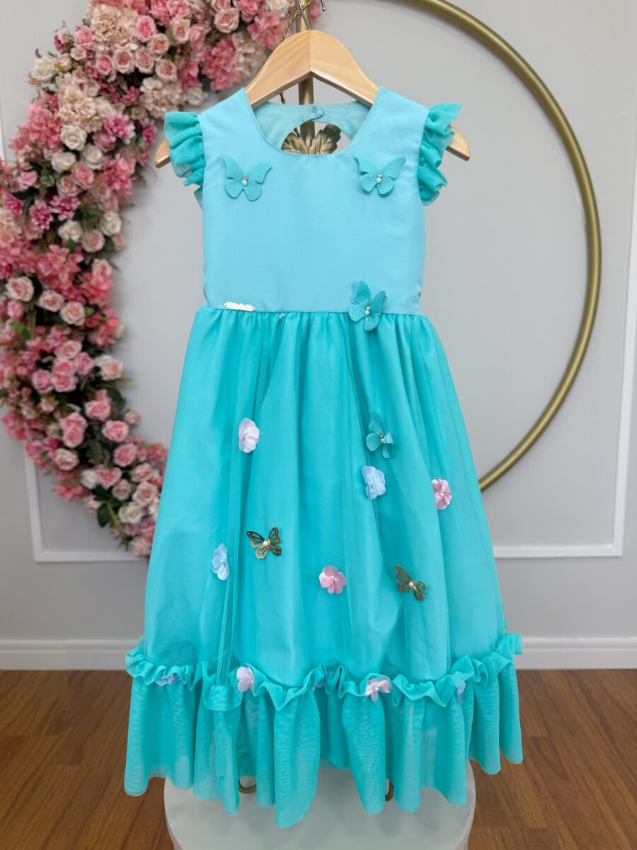 Vestido Infantil Verde Menta Jardim Encantado Apliques