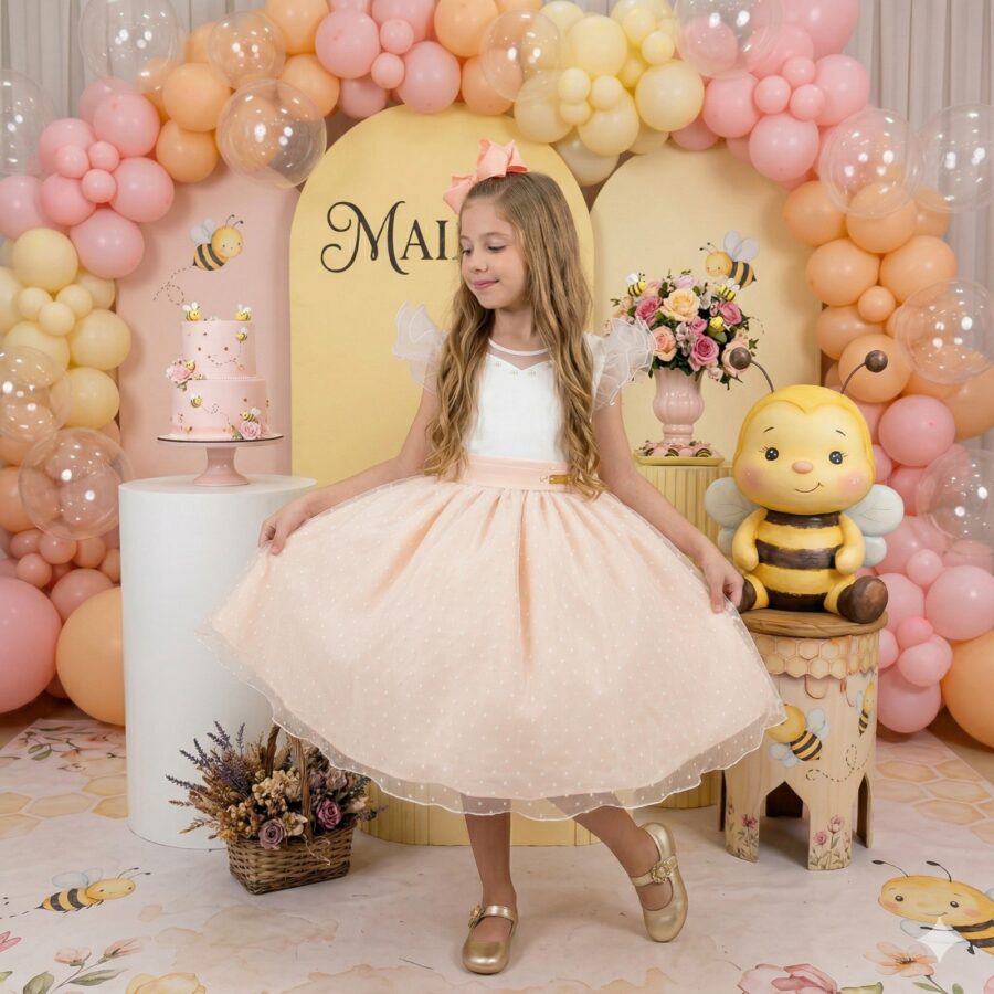 Vestido Infantil Betani Mini Miss Pêssego Tule Poá