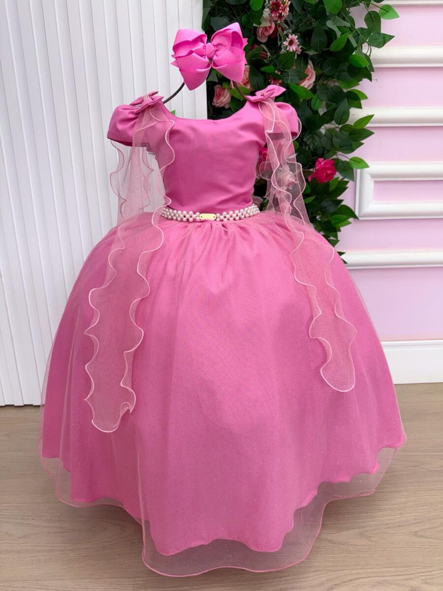 Vestido Infantil Longo Banana Club Diamante Rosa Chiclete