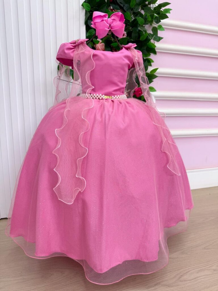 Vestido Infantil Longo Banana Club Diamante Rosa Chiclete