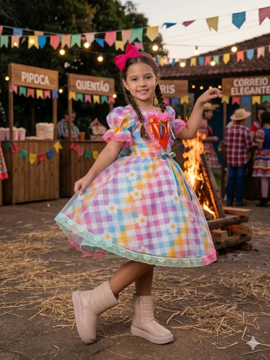 Vestido Junino Infantil Marie São João Encantado Rosa