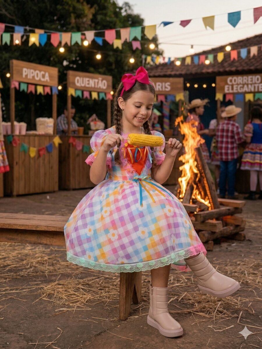 Vestido Junino Infantil Marie São João Encantado Rosa