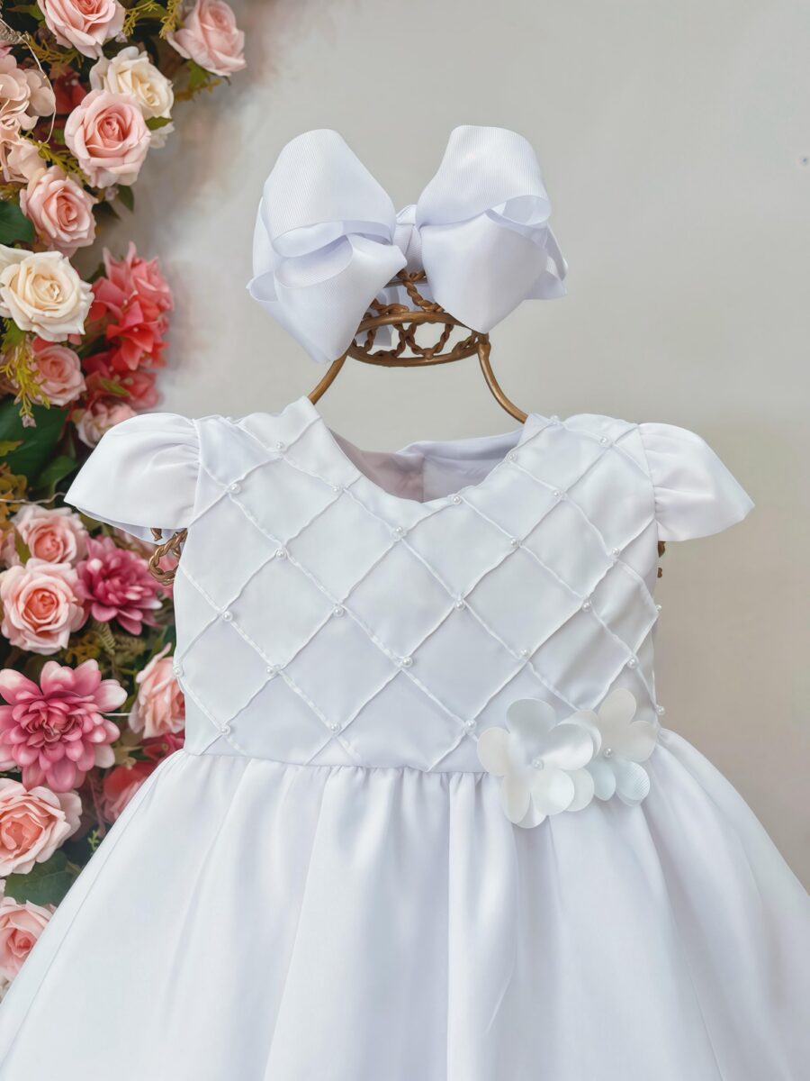 Vestido Bebê Branco Batizado Busto com Nervuras