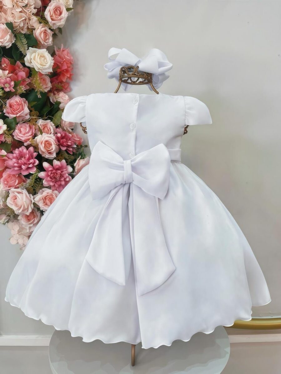 Vestido Bebê Branco Batizado Busto com Nervuras