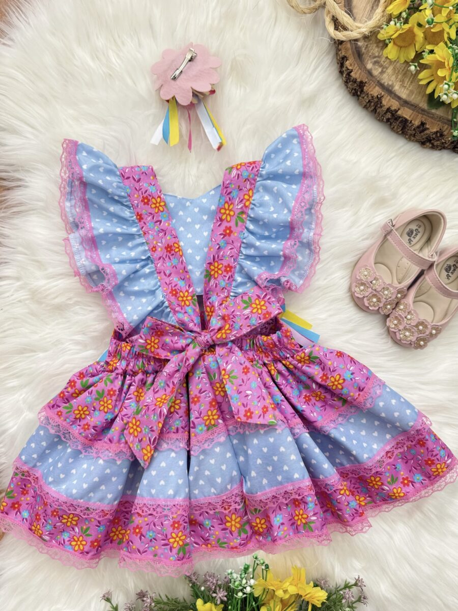 Romper Bebê Junino Lilás e Azul com Laço de Chapéuzinho