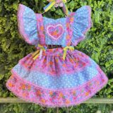 Romper Bebê Junino Lilás e Azul com Laço de Chapéuzinho