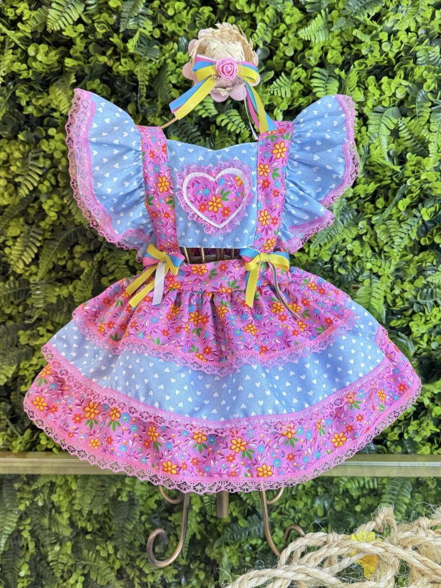 Romper Bebê Junino Lilás e Azul com Laço de Chapéuzinho